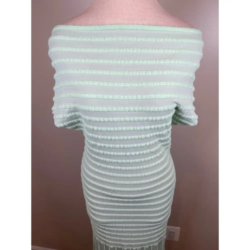 Alexis Marce Off the Shoulder Knit Mint Green Striped Maxi Dress Size Large - Picture 5 of 11